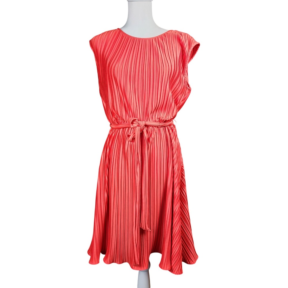 DKNY‎ Pleated Swing Dress Womens 12 Coral Orange Belted Cocktail Party Evening